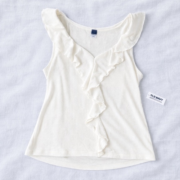 Old Navy Ruffle Ribbed Tank Ivory NWT Large - Picture 1 of 6